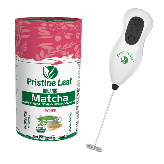 TROPICAL SPECIALS 1: Organic Matcha Lychee Flavored Pack of 12 With Electric Matcha Milk Frother - PristineLeaf.com