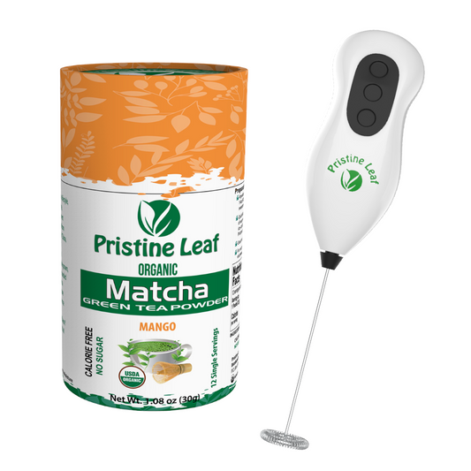 TROPICAL SPECIALS 2:  Organic Matcha Mango Flavored Pack of 12 With Electric Matcha Milk Frother - PristineLeaf.com